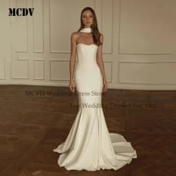 MCDV Satin Wedding Dress Shwal Sleeveless Strapless Mermaid Bride Gowns Sweep Train Bridal Gown Vestidos Noivas Casamento Civil