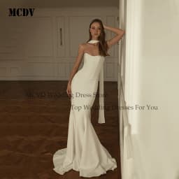MCDV Satin Wedding Dress Shwal Sleeveless Strapless Mermaid Bride Gowns Sweep Train Bridal Gown Vestidos Noivas Casamento Civil
