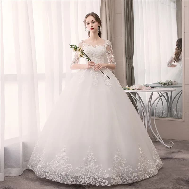 Customized Wedding Dress Embroidery Lace Up Plus Size Custom Made O Neck Wedding Dresses Half Sleeve Ball Gown Robe De Mariee
