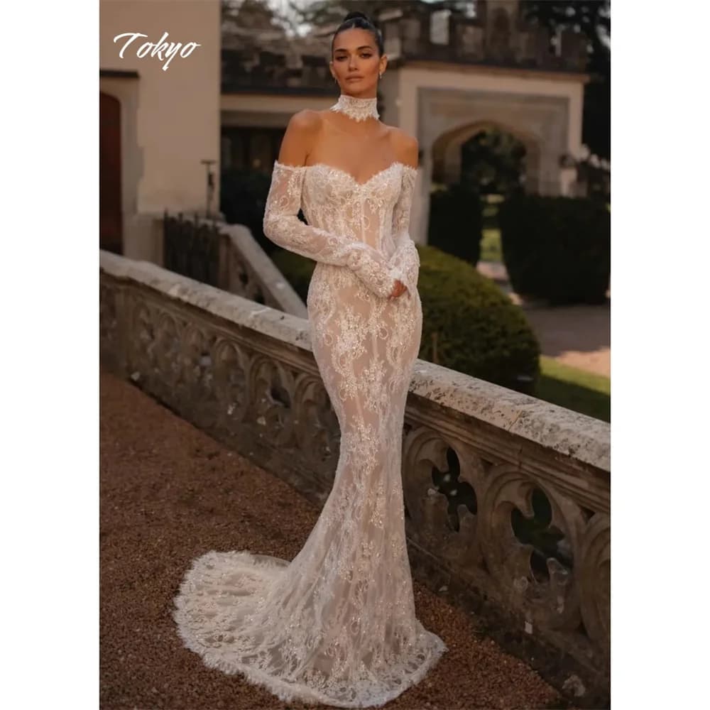 Tokyo Customized White Off the Shoulder Wedding Dresses Long Sleeves Court Train Bridal Gowns Backless Mermaid Wedding Gowns
