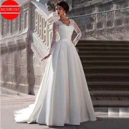 Full Sleeves Lace A Line Wedding Gown For Women 2026 Elegant V Neck Satin Wedding Dress Party Bride Gown Vestido De Noiva