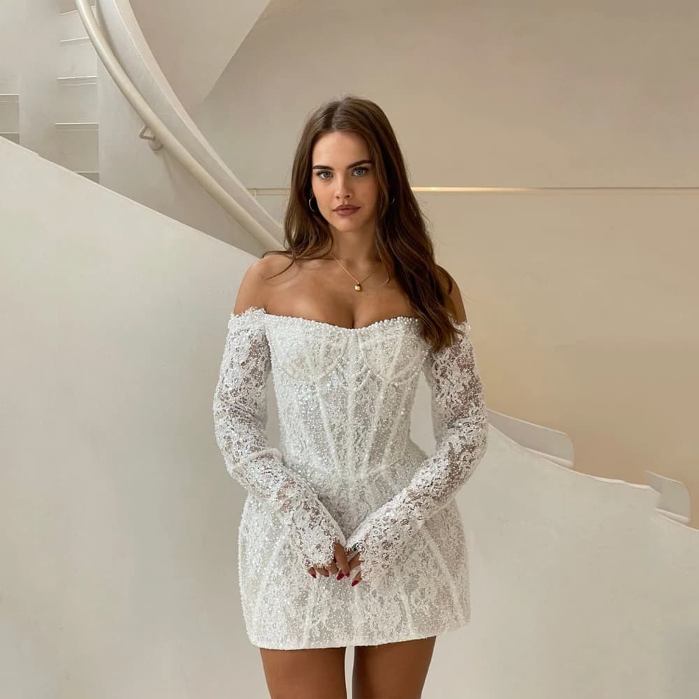 Short Lace Wedding Dresses for Bride Detachable Long Sleeve Straight Pearls Civil City Hall After Party Bridal Gowns Customized