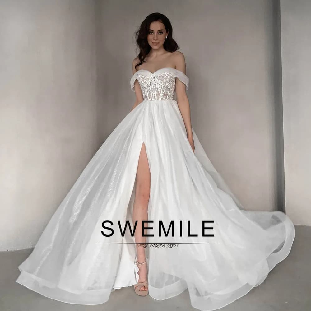 SWEMILE Fashion Slit Wedding Dresses for Bride Off the Shoulder Appliques Buttons A-line Vestidos De Novia Plus Size Customized