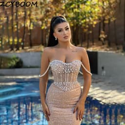 Customized Glitter Beaded Pearls Off The Shoulder Mermaid Wedding Dresses 2026 Backless Sweep Train Tulle Bridal Gowns For Women