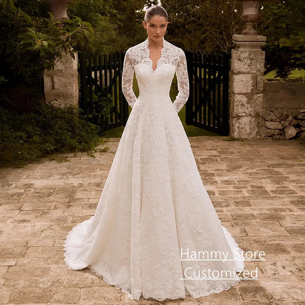 Modest Arabian Wedding Dress Customized Long Sleeves V Neck Exquisite Lace A Line Saudi Arabic Bridal Gown Robe De Mariee