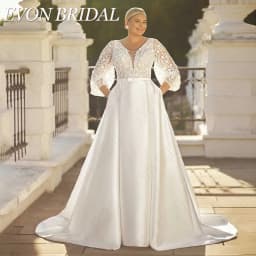 EVON BRIDAL V-Neck Plus Size Wedding Dresses For Women Puff Sleeves Sequin Bride Gown With Pockets Classic Satin Bridal Dresses