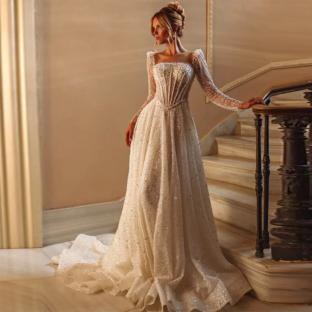 Elegant Square Collar Organza Wedding Dress Customized A-Line Long Sleeves Bridal Gowns Delicate Pearls Crystal Vestido De Novia