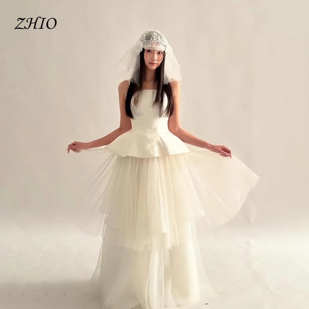 ZHIO Simple Straps Pleat A Line Tulle Ivory Wedding Dresses Photoshoot Korea Bride Gowns Corset/Zipper Back Customized 웨딩드레