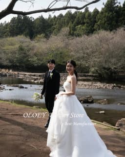 OLOEY Strapless Korea Princess Wedding Dresses 웨딩드레스 Organza Ivory Sleeveless Ruched Customized Pretty Bride Gowns Plus Size
