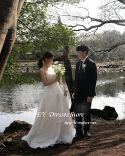 OLOEY Strapless Korea Princess Wedding Dresses 웨딩드레스 Organza Ivory Sleeveless Ruched Customized Pretty Bride Gowns Plus Size