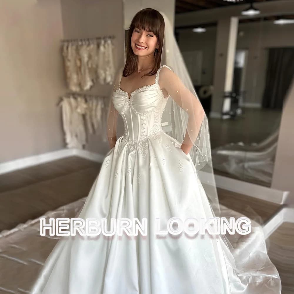 HERBURN Trendy Pockets Wedding Dresses for Women Bride Spaghetti Straps Corset Pearls Vestidos De Novia Brautmode Customized