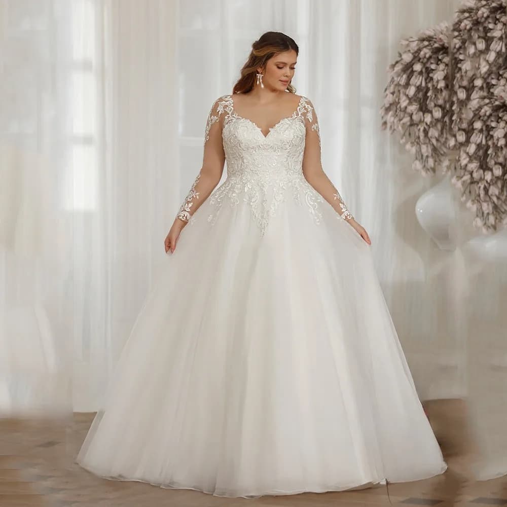 Plus Size V Neck Wedding Dresses Long Sleeves Appliques Back Lace Up Tulle Bride Gowns A-Line Vestidos De Novia