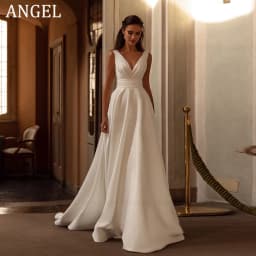 ANGEL Modern V-Neck Wedding Dress Customized Sleeveless Satin Simple A-Line Bride Gown Backless Sweep Train Vestido de novia