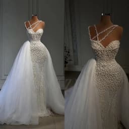 Pearls Beaded Wedding Dress Luxury Spaghetti Straps Feather with Overskirt White Bridal Gown 2 in1 Robe de mariée Customized