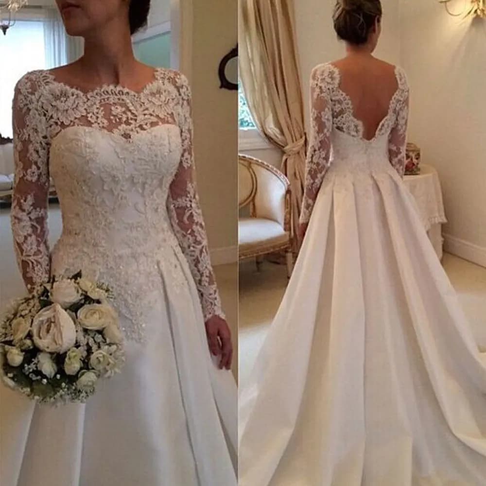 Elegant Lace Long Sleeves Wedding Dresses 2026 Backless Satin Bridal Gowns Customized 2026