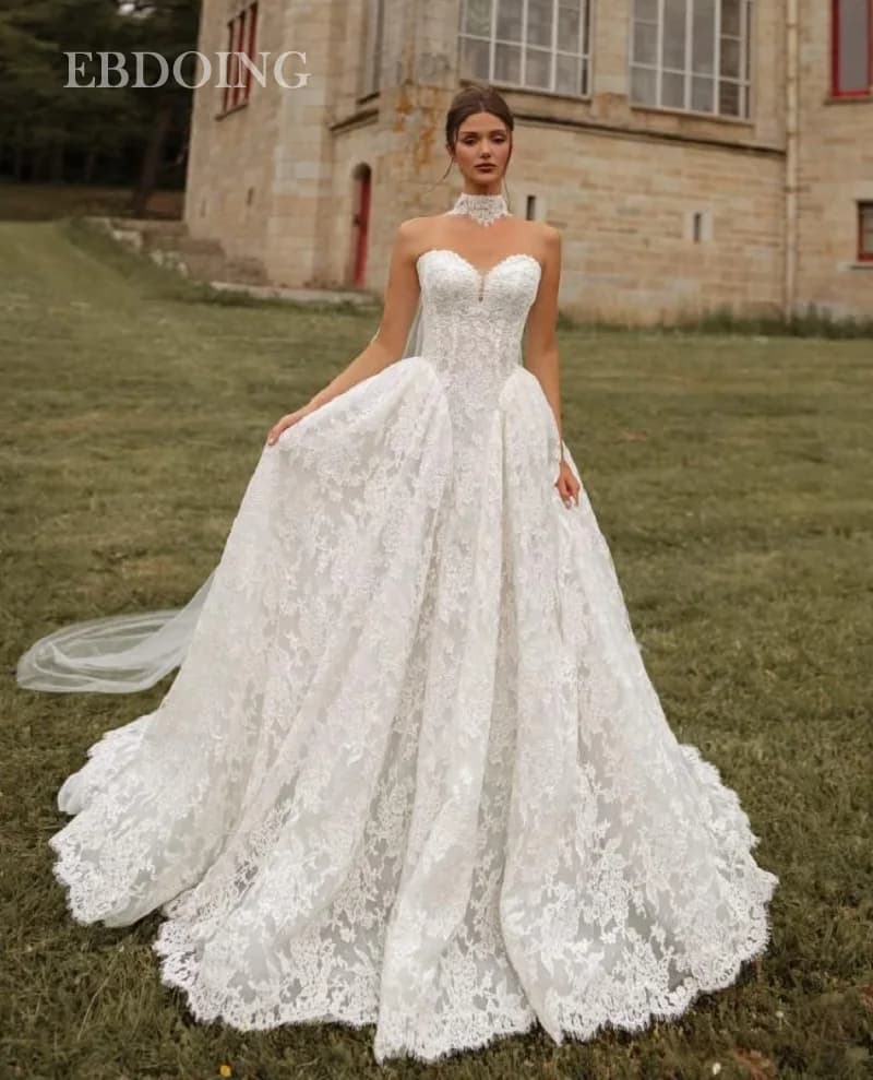 EBDOING Wedding Dress A-Line Lace Sweetheart Neckline Chapel Train With Detachable Flaps Customized Bride Gown
