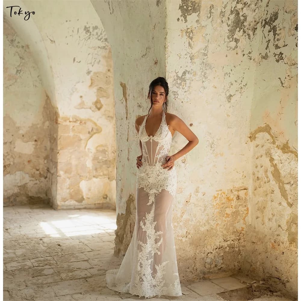 Tokyo Customized Halter Neck V-Neck Floral Lace wedding dress party dress Floor-length Mermaid Dress women's evening dresses