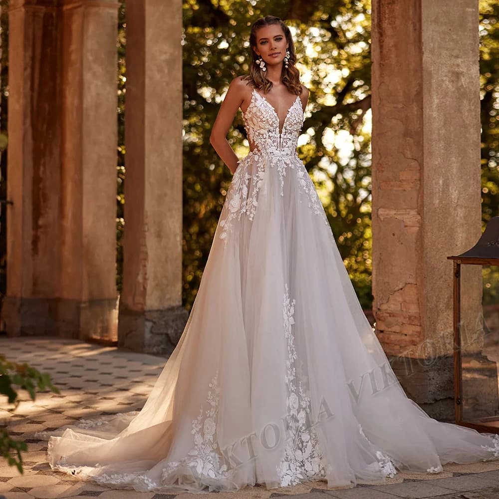 VIKTORIA Modern Sweep Train Wedding Dress For Woman Spaghetti Straps Lace Applique Vestido De Casamento Personalized Customized