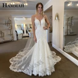 HAMMAH Luxury Trumpet Wedding Dresses Spaghetti Strap Appliques Lace Tulle Court Train Backless Vestidos De Novia Customized