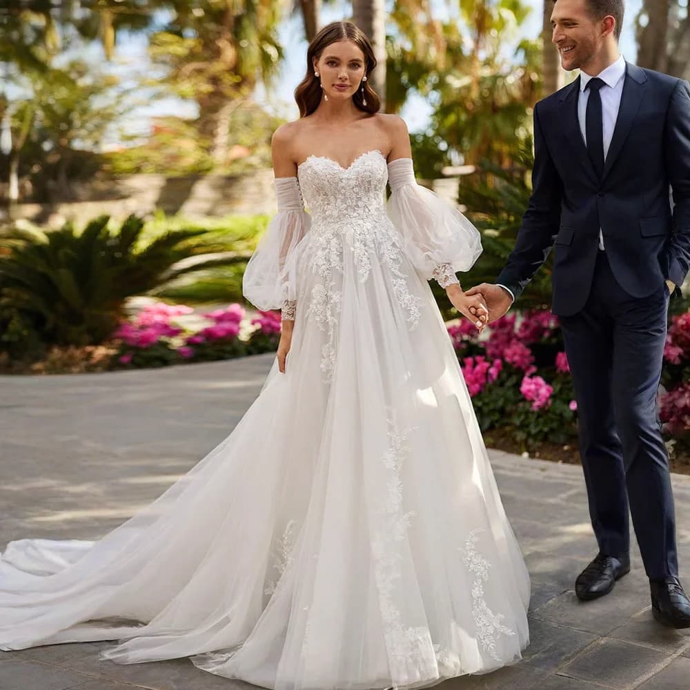 Amazing Sweetheart Ivory Wedding Dresses Appliques Off Shoulder Detachable Long Sleeve A-Line Bridal Gown Customized