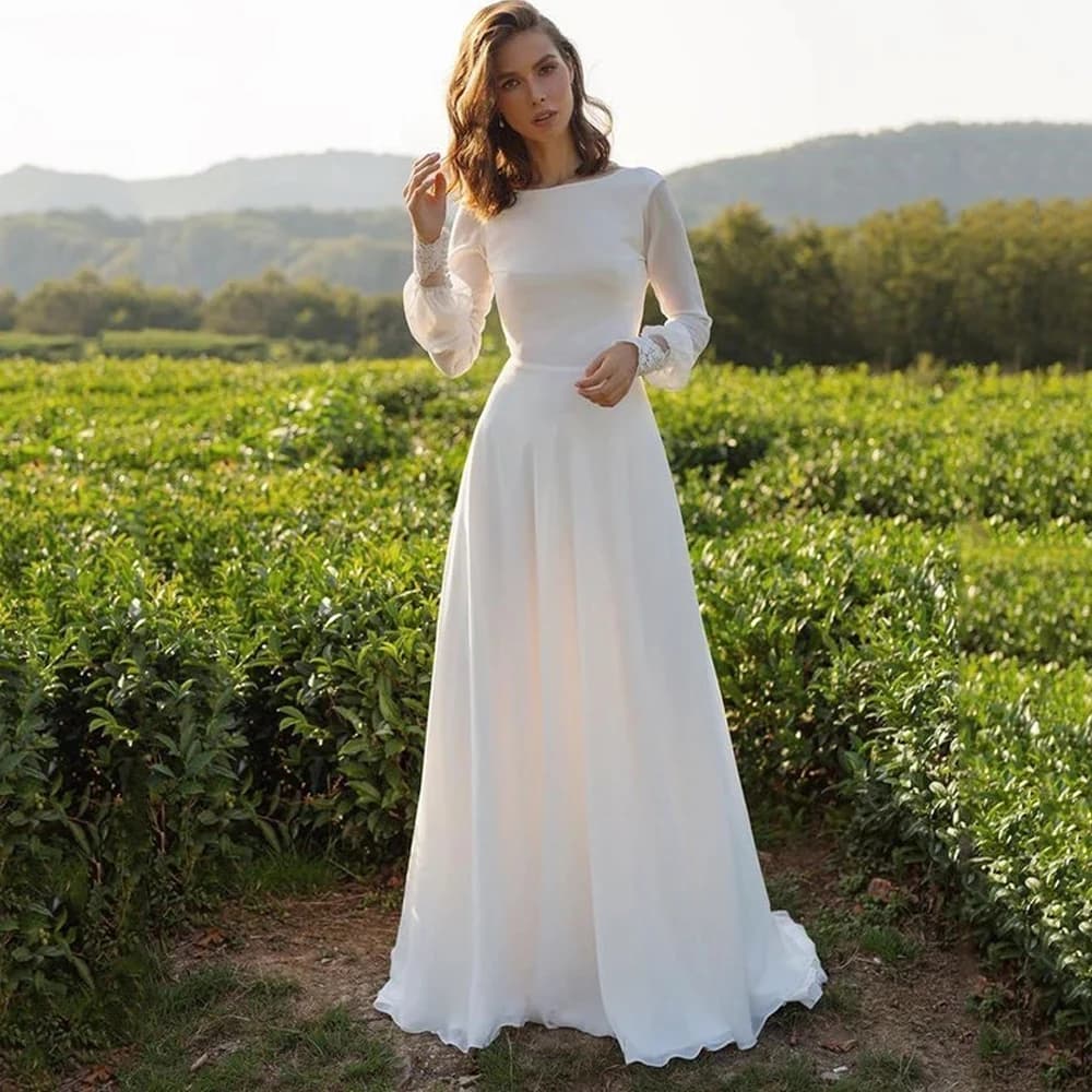Customized Sexy Wedding Dresses Chiffon Pleat Bateau Full Sleeve Backless A-Line Bridal Gowns 2026 New Party Dress