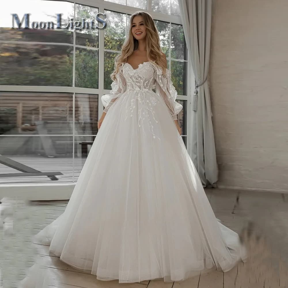 Moonlight Glitter Wedding Dresses Puff Sleeve Appliques Lace 3D Flower off Shoulder Tulle Bride Gown Customized vestidosdenovia