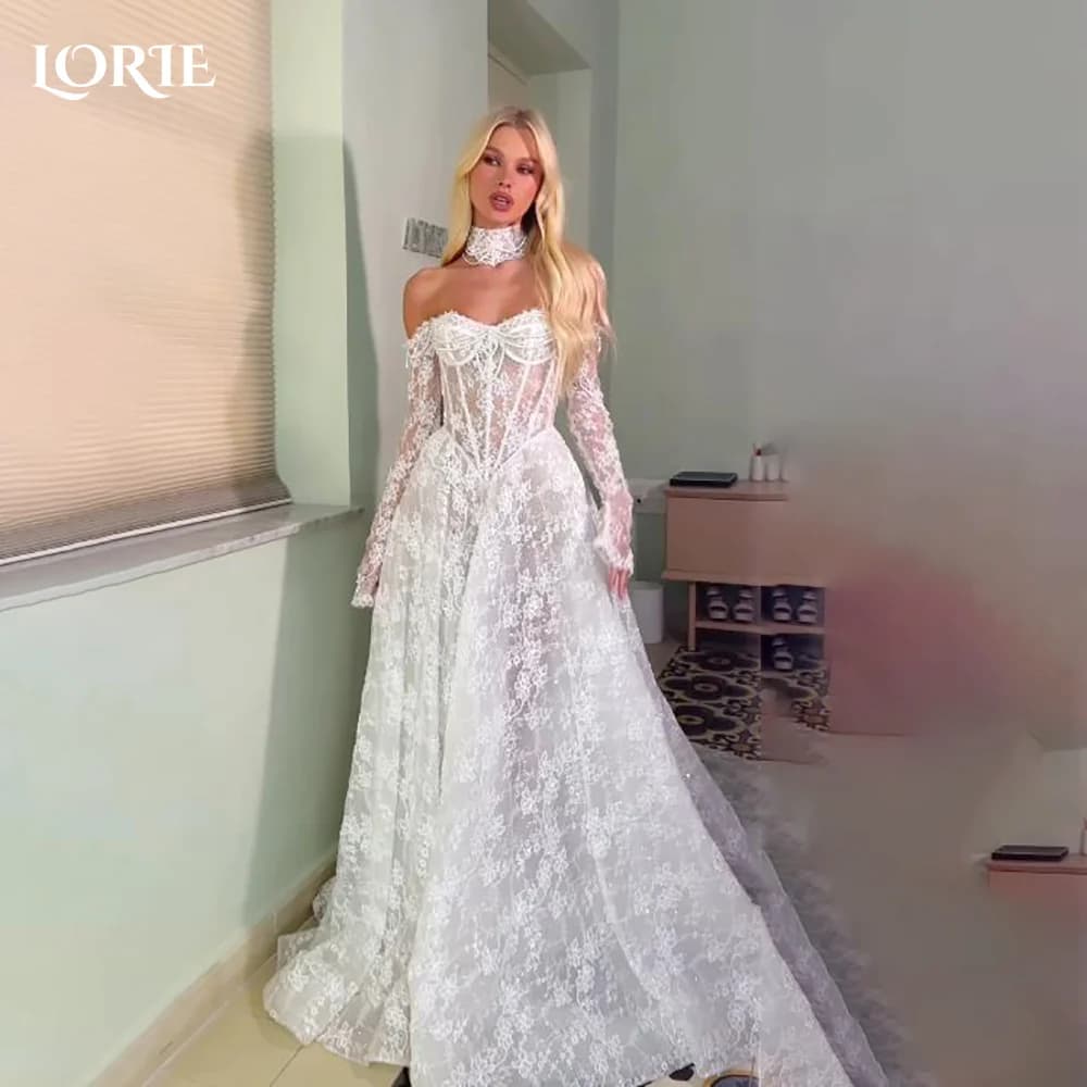 LORIE Lace Wedding Dress 3D Flower Long Sleeve Appliques A Line Sweetheart Bride Bridal Dress Backless Customized свадебное пл