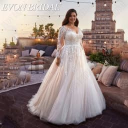 EVON BRIDAL Plus Size Wedding Dresses For Bride Long Sleeves V-Neck Bride Gowns A-Line Vestidos De Novia Talla Grande Customized