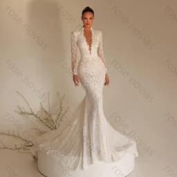 Customized 2026 New Elegant White High Neck Deep V Lace Long Sleeve Mermaid Wedding Evening Dress