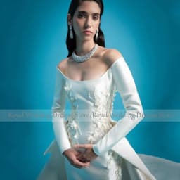 Luxury Wedding Dress Off the Shoulder Long Sleeves Column Wedding Gown with Detachable Train Flowers Beaded Bridal Dresses Satin
