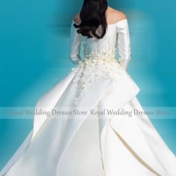 Luxury Wedding Dress Off the Shoulder Long Sleeves Column Wedding Gown with Detachable Train Flowers Beaded Bridal Dresses Satin