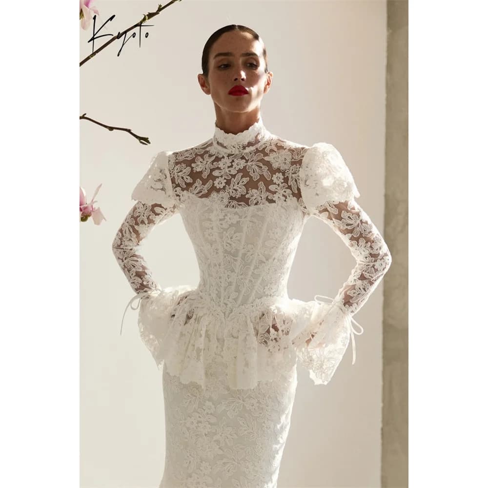 Kyoto Customized White High Neck Wedding Dresses Mermaid Zip Back Long Sleeve vestidos de noche Floor-Length robe de mariée 2026