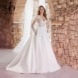 SoDigne Elegant Women Wedding Dresses With Pocket V Neck Long Sleeves Appliques Bride Dress Satin Long Bridal Gowns Customized