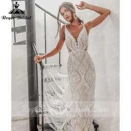 Vestido Bohemian Wedding Dress V Neck Lace Boho Spaghetti Straps Backless Beach Bridal Gowns Vestido de novia Customized 2025