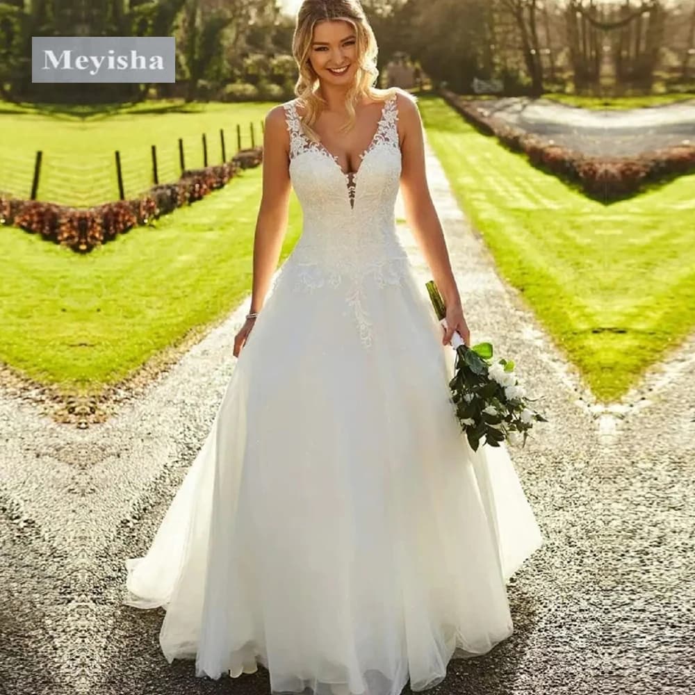 ZJ9410 Customized Sweep Train Wedding Dresses For Woman 2026 Bridal V-neck Sleeveless A-LINE Appliques