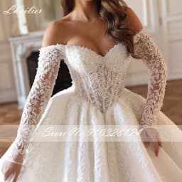 Lhuilier Customized Ball Gown Lace Wedding Dresses Off the Shoulder Illusion Beaded Bridal Gown with Chapel Train