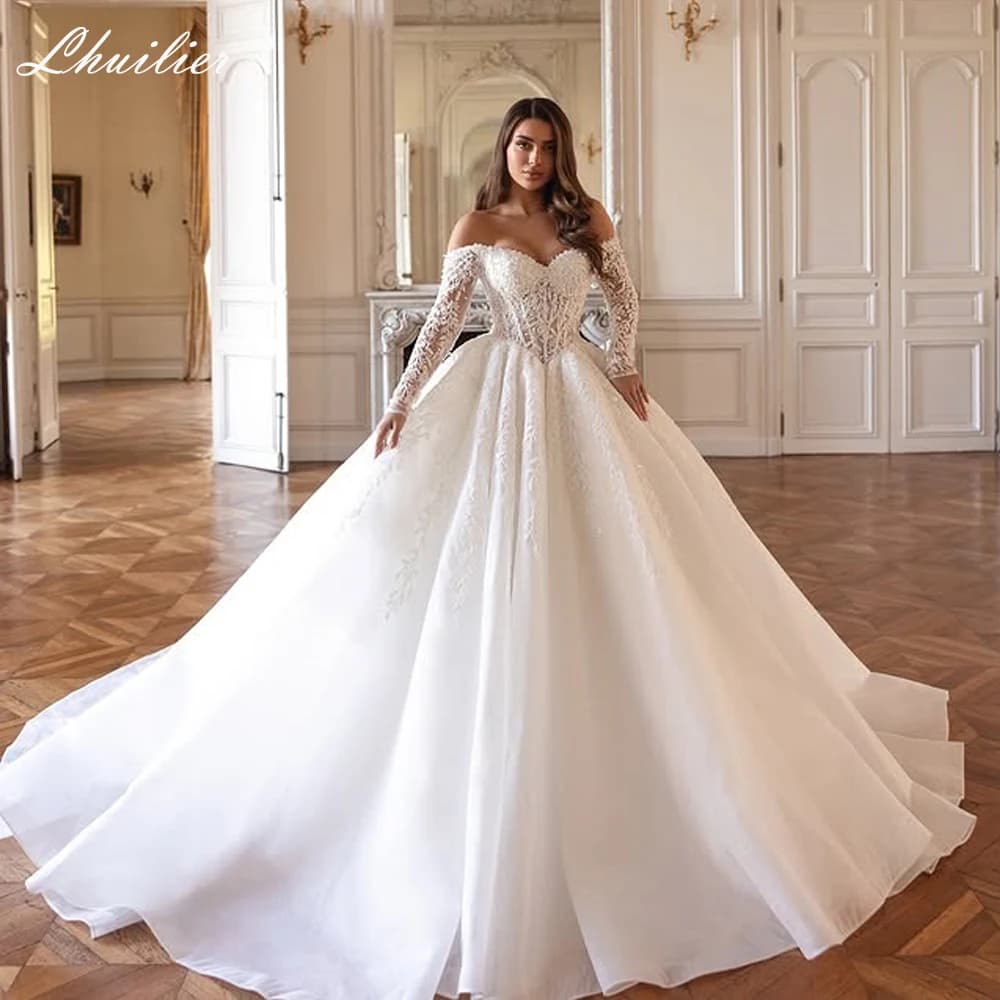 Lhuilier Customized Ball Gown Lace Wedding Dresses Off the Shoulder Illusion Beaded Bridal Gown with Chapel Train