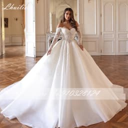 Lhuilier Customized Ball Gown Lace Wedding Dresses Off the Shoulder Illusion Beaded Bridal Gown with Chapel Train