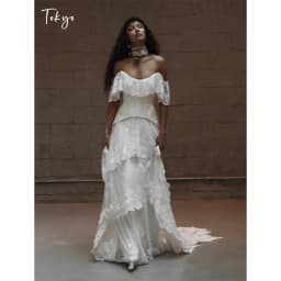 Tokyo Gothic Off Shoulder Lace Bohemian Wedding Dress Tiered Corset Bridal Gown Vintage Romantic Forest Beach Elopement Gowns