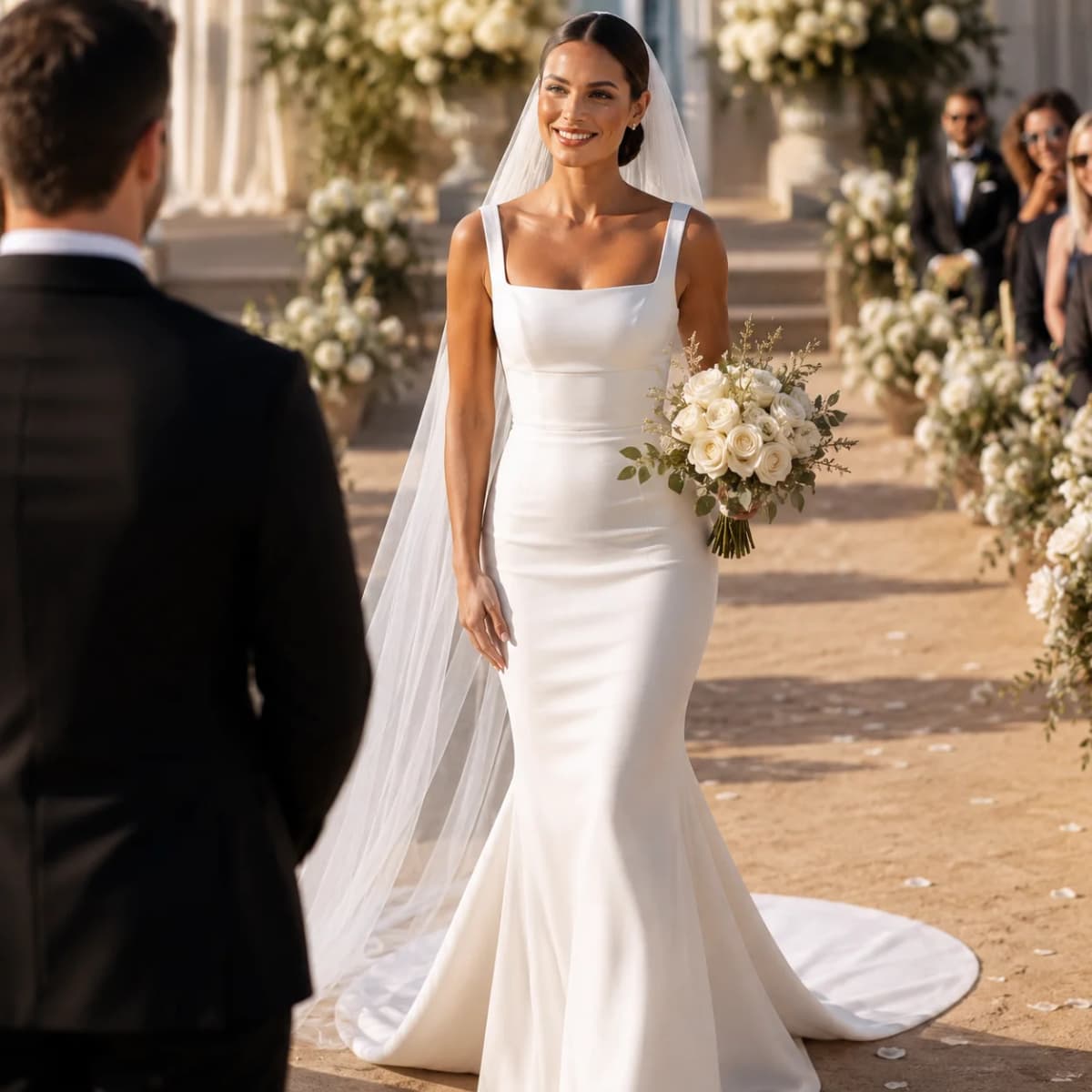 White Mermaid Wedding Dresses Square Neck Strap Civil Bridal Gown Backless Button Dubai Minimalist Bride Dress Customized