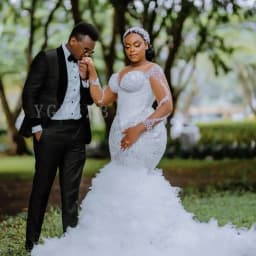 High Quality Pearls Beads African Wedding Dresses Luxury Mermaid Illusion Sleeve Ruffles Train Bridal Gown Customized