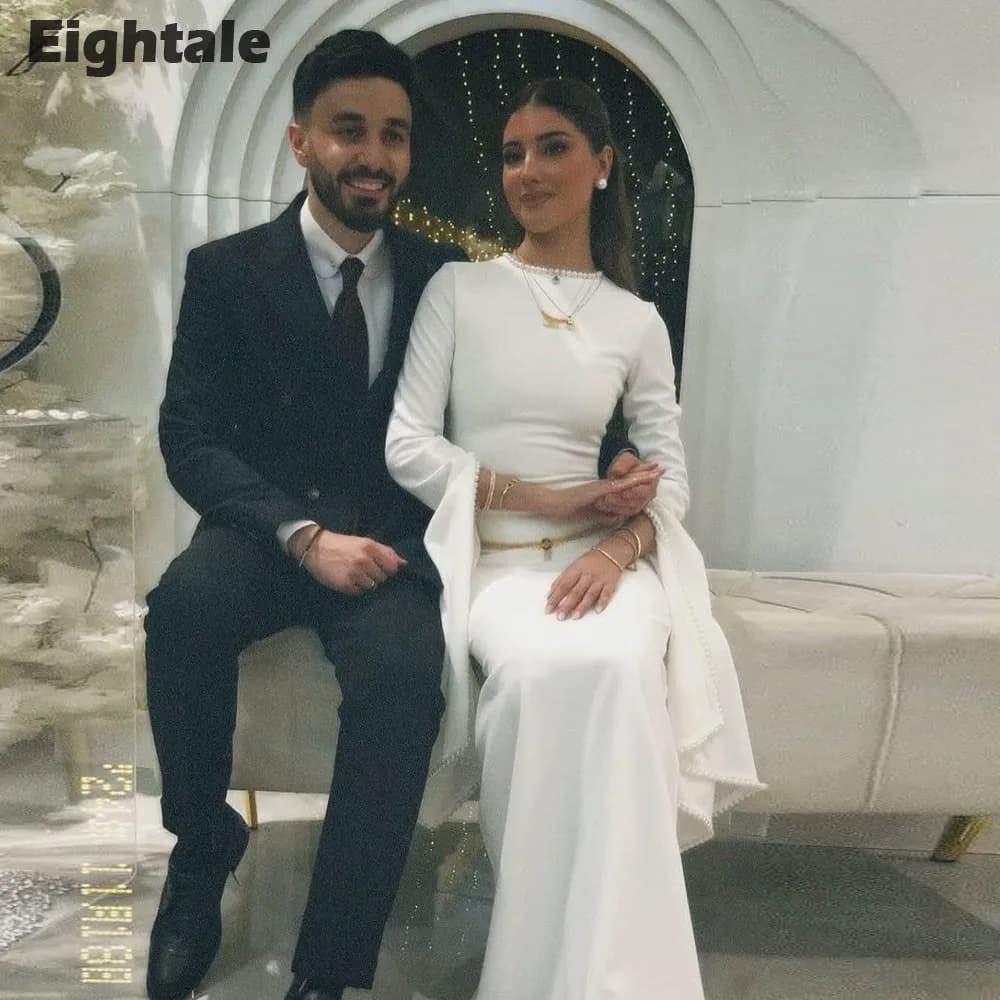 Eightale Strethy Satin Wedding Dress Beaded Pearls O-Neck Customized White Ivory Long Sleeves Arabic Bridal Gown Robe De Mariée