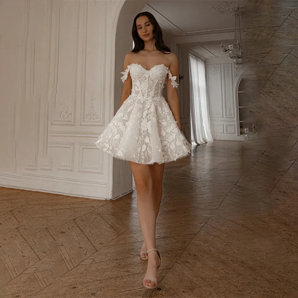 Sweet Short Wedding Dresses Customized Spaghetti Strap Sweethat Lace Applique Tulle A Line Mini Bridal Grown Vestido De Noival