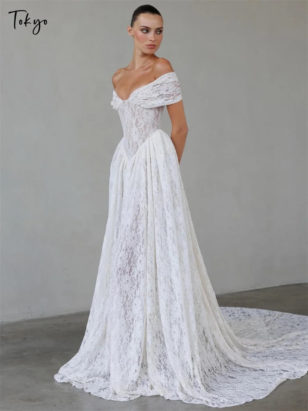 Tokyo Customized White Off Shoulder Wedding Dresses Sleeveless Floral Lace Bridal Gowns A-Line Court Train Wedding Gowns 2026