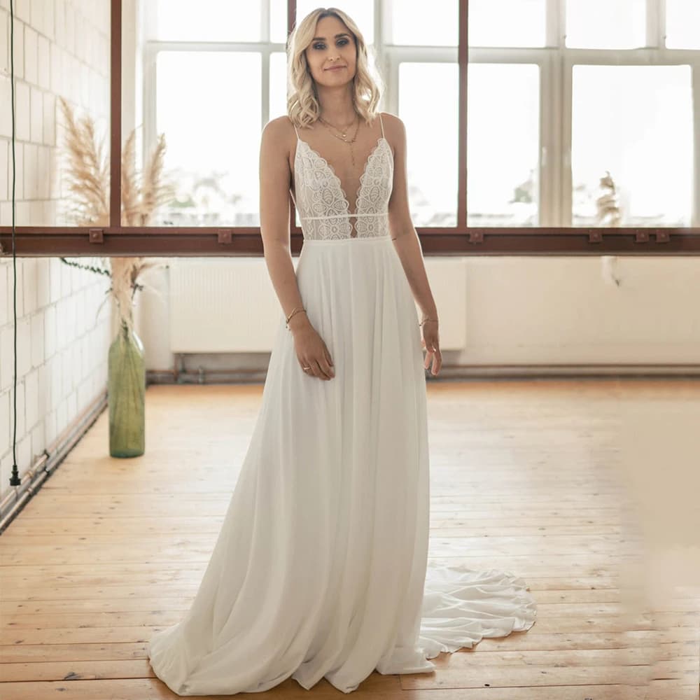 Romantic Boho Lace Chiffon Wedding Dress Classic Spaghetti Straps Sleeveless A-Line V-Neck Open Back Bride Seaside Marriage Gown