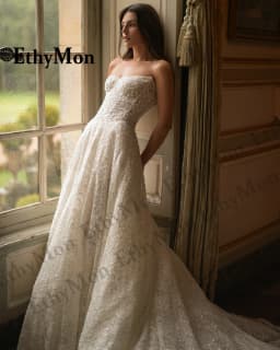 Ethymon Fairytale Lace Appliques Wedding Gown Sleeveless Pearls Court Train A-line V-neck Vestido De Casamento Customized