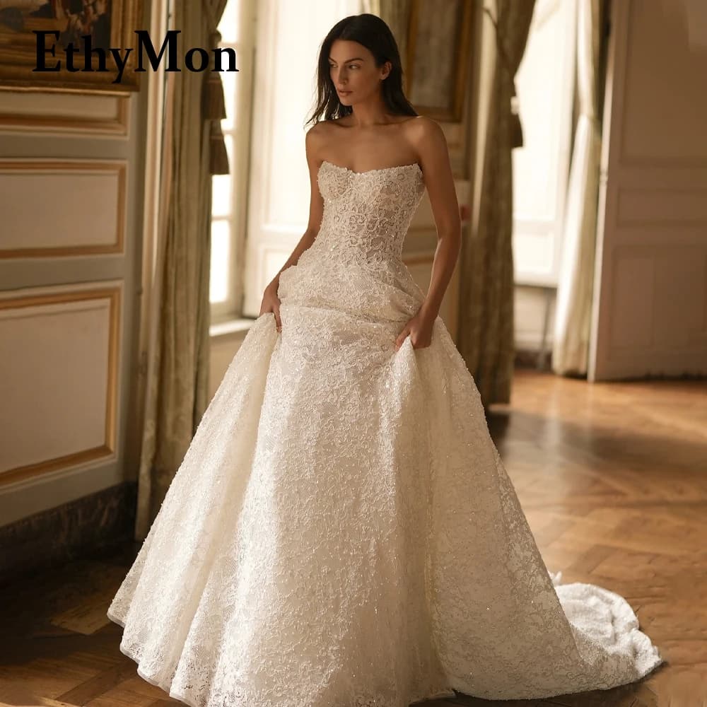 Ethymon Fairytale Lace Appliques Wedding Gown Sleeveless Pearls Court Train A-line V-neck Vestido De Casamento Customized