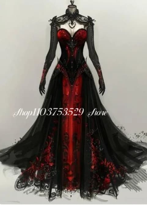 Custom Gothic Mermaid Wedding Dress Black and Red Appliqué Sheer Backless Gown Unique Bridal Gown Lace Vintage Gothic Wedding