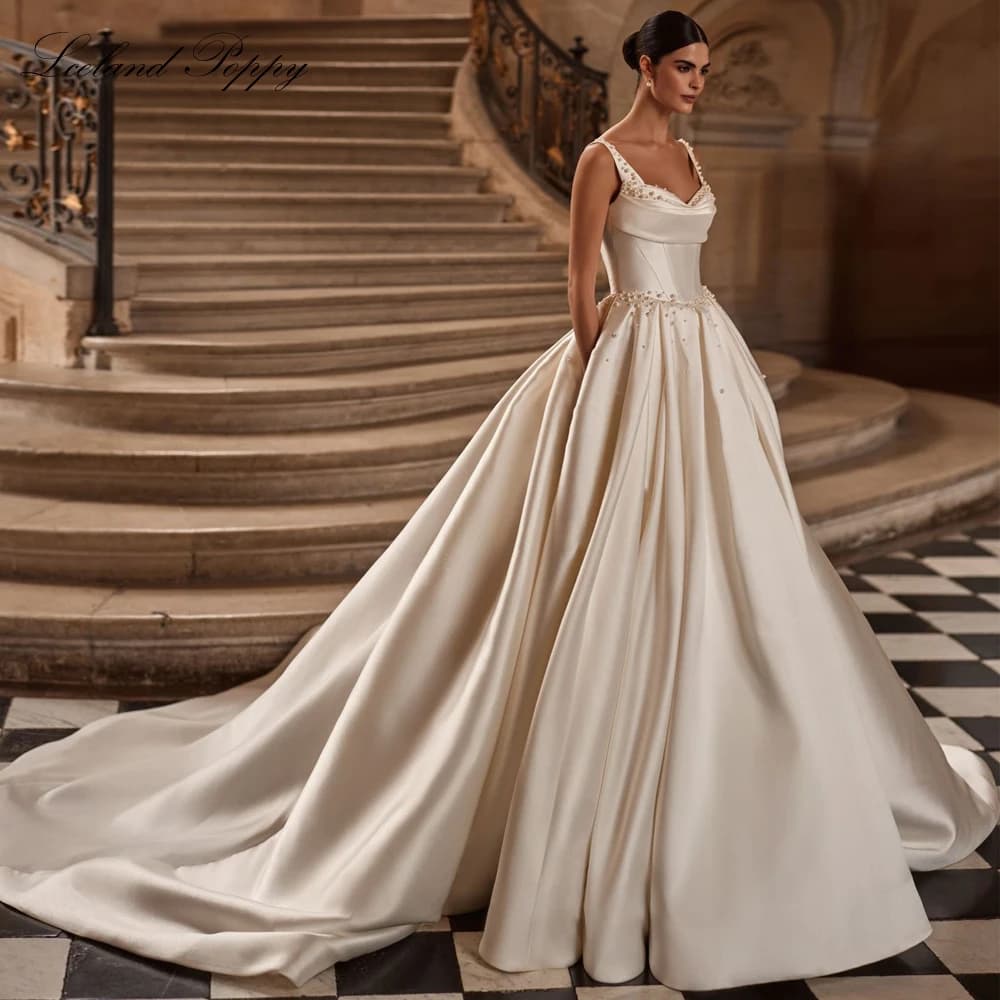 Lceland Poppy Customized A Line Mikado Satin Wedding Dresses Pleated Sleeveless Beaded Bridal Gowns with Chapel Train