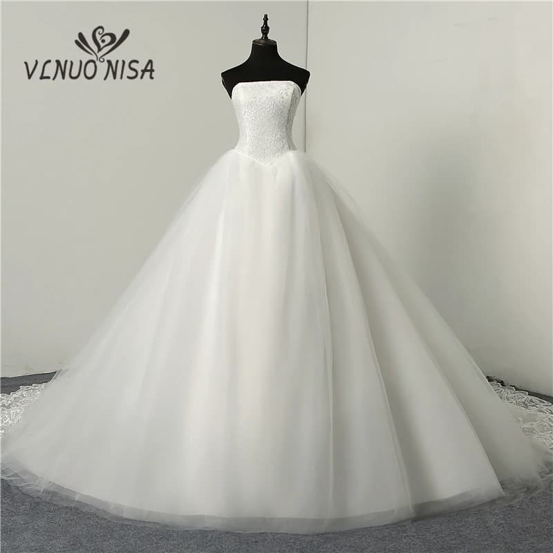 Cheap Fashion Simple Classic Ball Gown ivory Wedding Dress Lace Up Sweet Strapless Sleeveless vestido de noiva lace Appliques